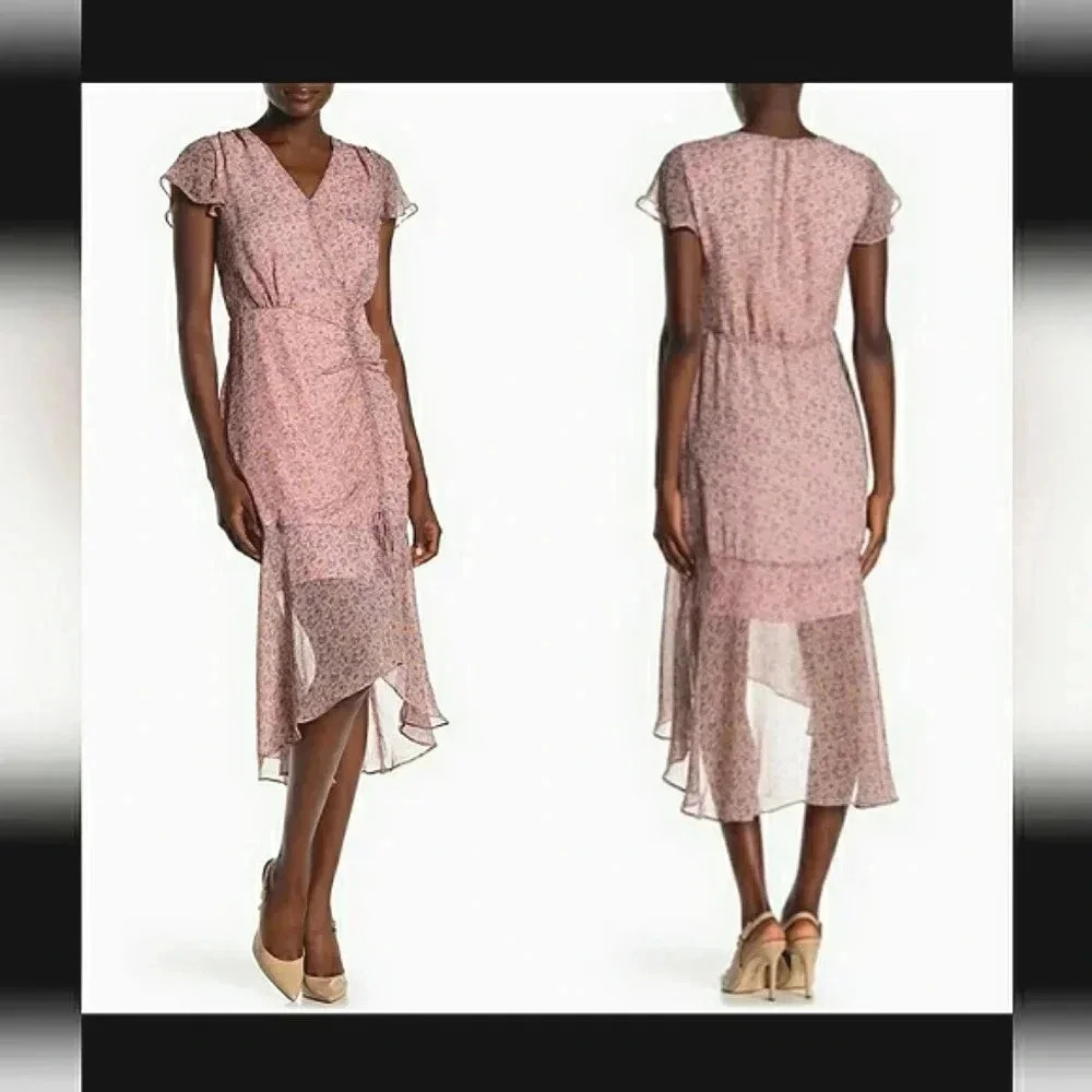 Sam Edelman Lilac Ditsy Floral Ruched Midi Dress Wedding Guest Size Medium